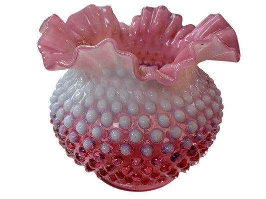 Vintage Fenton Pink Cranberry Opalescent Hobnail Lace Vase