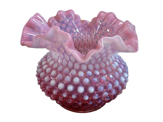 Vintage Fenton Pink Cranberry Opalescent Hobnail Ruffled Vase