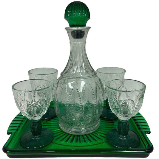 Avon Emerald Clear Decanter Set; Tray, Glasses, Bottle.